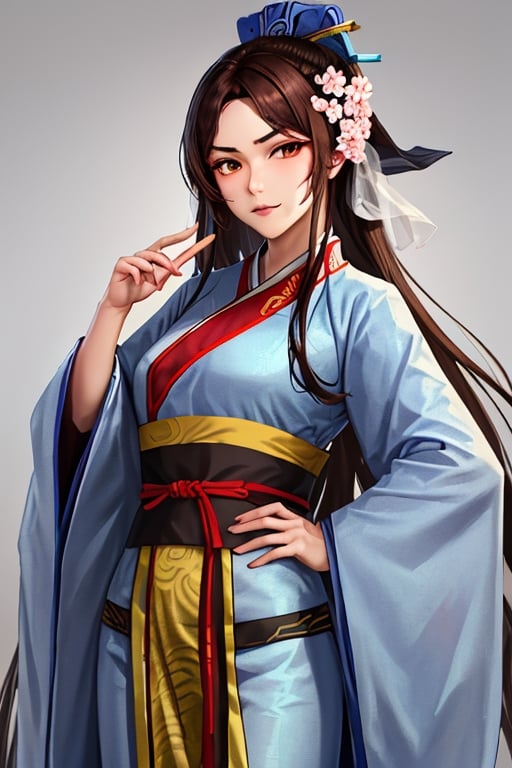 sanguozhi, 1girl, solo, hanfu, chinese clothes, mustache, looking at viewer, holding, brown hair, hand on hip, wide sleeves, long sleeves, sheath, 