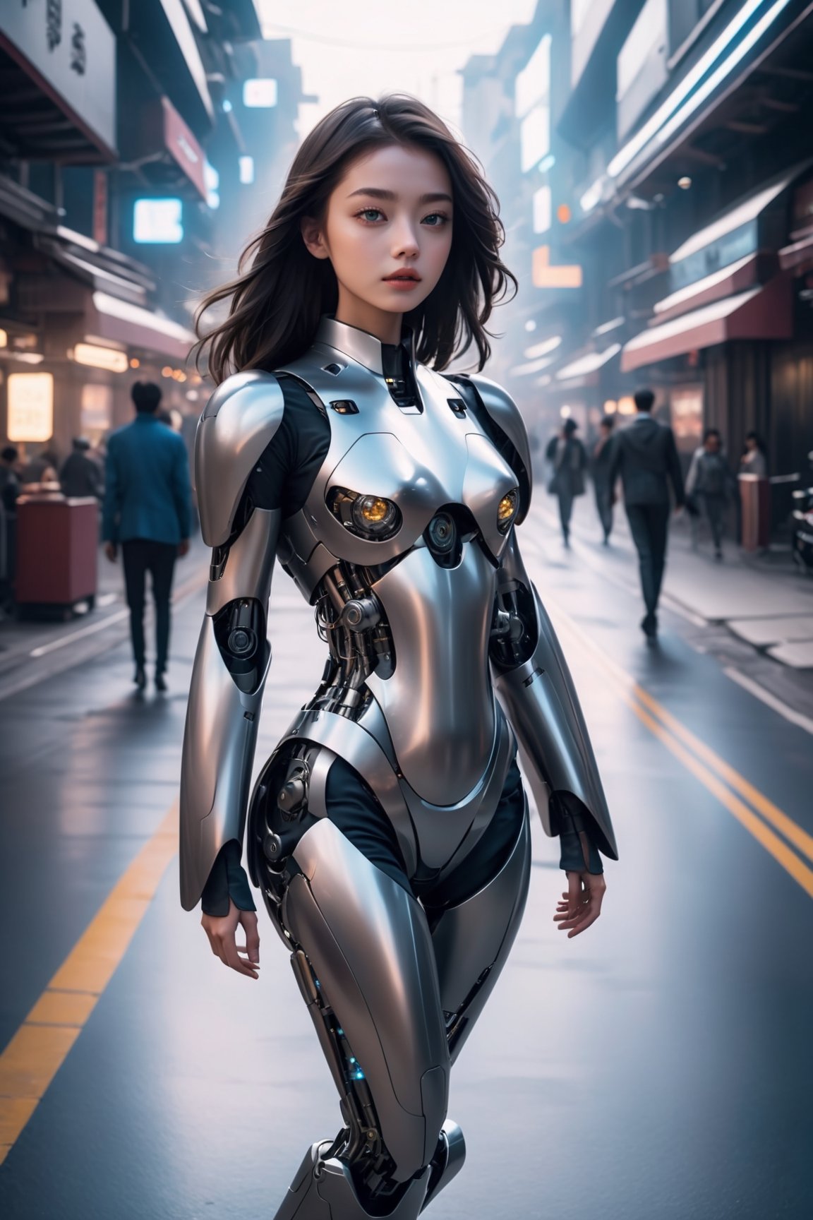 A super unreal girl with a body made of machines in the future world, walking on the road