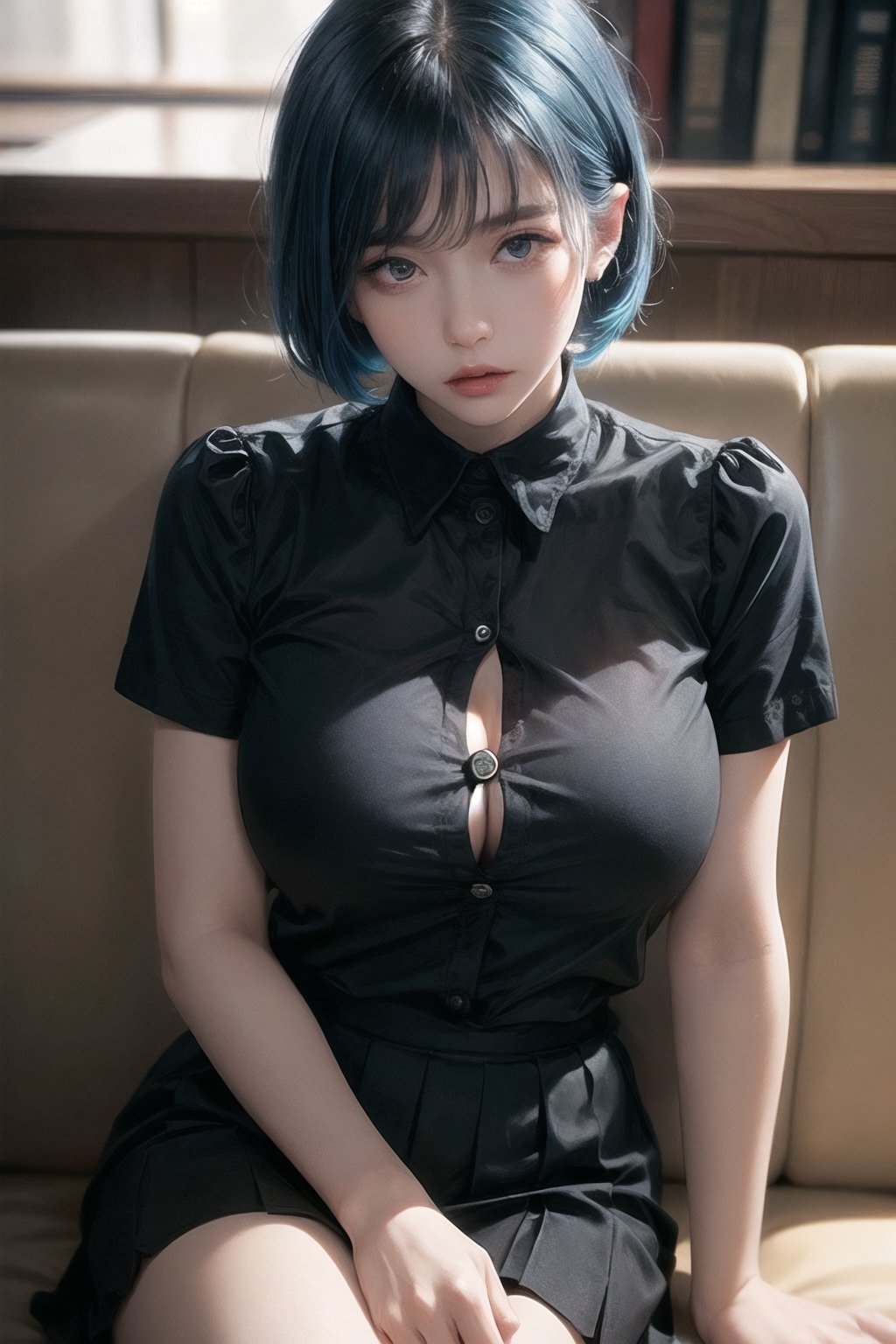 1girl, (black shirt, black pleated skirt),( short hair), (blue hair),((gigant breasts:1.2)),(upper_body),close_up,Ear loop highlights,sitting sofa,in the coffee shop,cafe,(suprised:1.5),angry,looking_at_viewer,((partially unbuttoned:1.2)),(button gap:1.5),bra visible through clothes,(open clothes),




,1 girl,Double exposure, real person, color splash style photo,