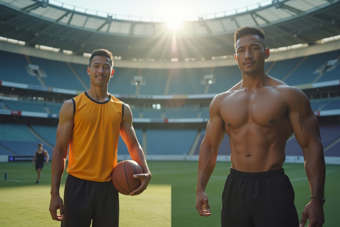 Close-up shot of a sports stadium with a split-screen framing. On one side, a professional athlete in their everyday attire, holding a basketball, football, or soccer ball, showcases their toned physique from regular exercise and physical activity. On the other side, a bodybuilder stands proudly, flexing their muscular arms and chest, highlighting their intense training regimen. Natural light illuminates both subjects from above, with a subtle gradient effect to emphasize the contrast between athletic builds and bodybuilding physiques. Both faces camera 