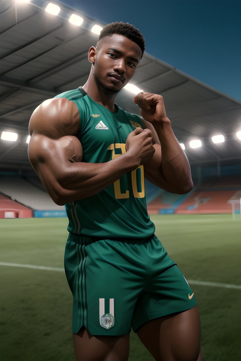 African male,masterpiece, best quality, highres, realistic, handsome, photogenic, masculine, (big muscles), syahnk as ((dark tanned)) athletic  with huge pectorals, he wearing (tight Nigeria jersey) flexing in the middle of soccer field stadium, with his dumb face ,,HDR, octane, 8k, subsurface scattering,dinamic light,sunkissess,high detailed skin,high detailed face, Epic,