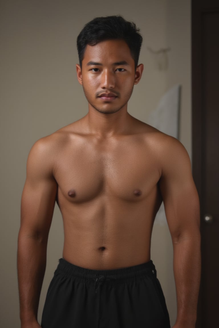 , A masterpiece portrait photograph of a  syahnk as a  Brazilian boy as  (bodybuilder man, masculine, 1960s style photo, tanned, ((bodybuilding type body)) he has gigantic muscle , flex chest at photography studio , facing camera