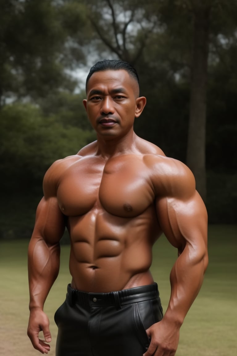 Coloured photo of syahnk ,Manly as a , front view, half portrait shot, flexing,realistic photo of a  muscular men as Mr Olympia, tanned,standing in the back yard, simple background, wearing leather pants, looking at the camera, (masterpiece:1.0), (best quality:1.0), beautiful, (intricate details), unity 8k wallpaper, ultra detailed, sunlight, outside, outdoor,photorealistic,GS-Masculine