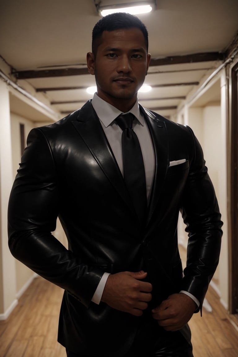 (((1man))),serious face of syahnk,1 handsome uncle,Short hair,With a short beard,shredded lean figure,large pecs,holding pecs,Enchanted smile,mature,in a basement,Crew cut,( In tight black leather suit), White tie,full body, 36 years old male,[plump],nijimale,photorealistic