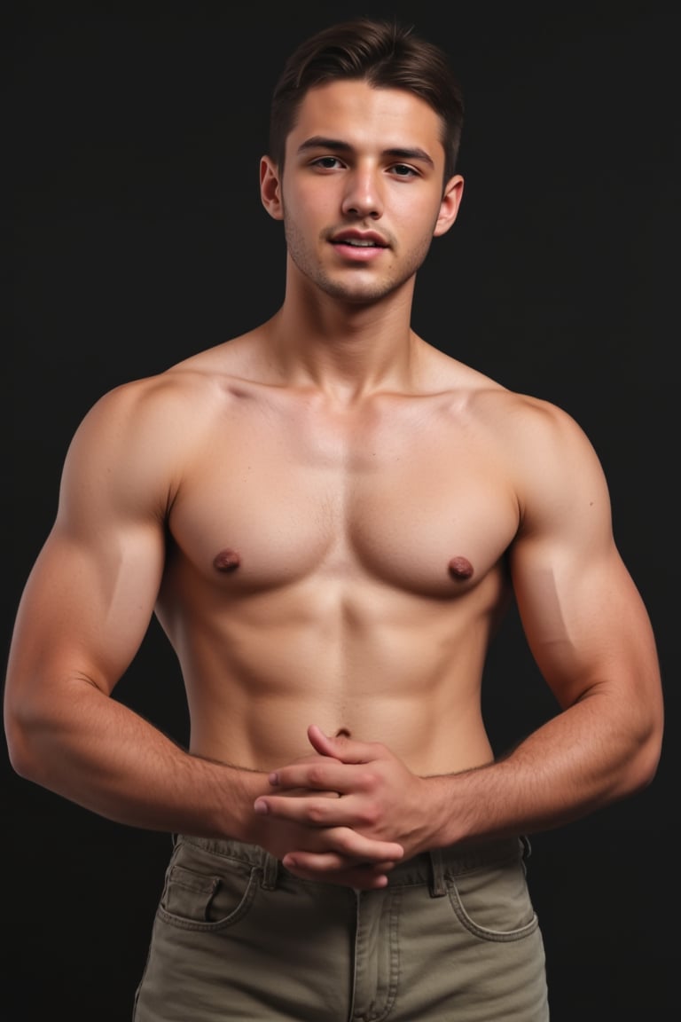 , A masterpiece portrait photograph of a  syahnk as a  Brazilian boy as  (bodybuilder man, masculine, 1960s style photo, tanned, ((bodybuilding type body)) he has gigantic muscle , flex chest at photography studio , facing camera,Xmilitaryx 