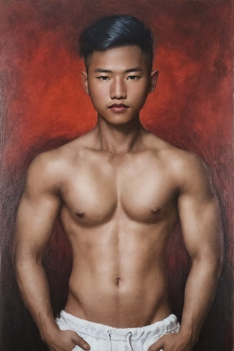 Oil portrait in the style of Leonardo Davinci, impressionism. Full body of Young sexy Tanned Filipino man, 25 yo, super muscular, sexy handsome man, short hair haircut, brown eyes. Super detailed, high quality,SYAHNK,Male focus