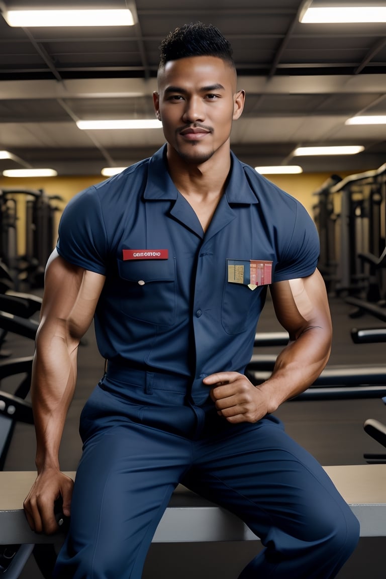 professional photo of Syanziro , In the style of (norman rockwell), 1950s gasstation, muscular mechanic , jumpsuit ,photorealistic,army hairstyles, dark skinned male,sweating_profusely, workout