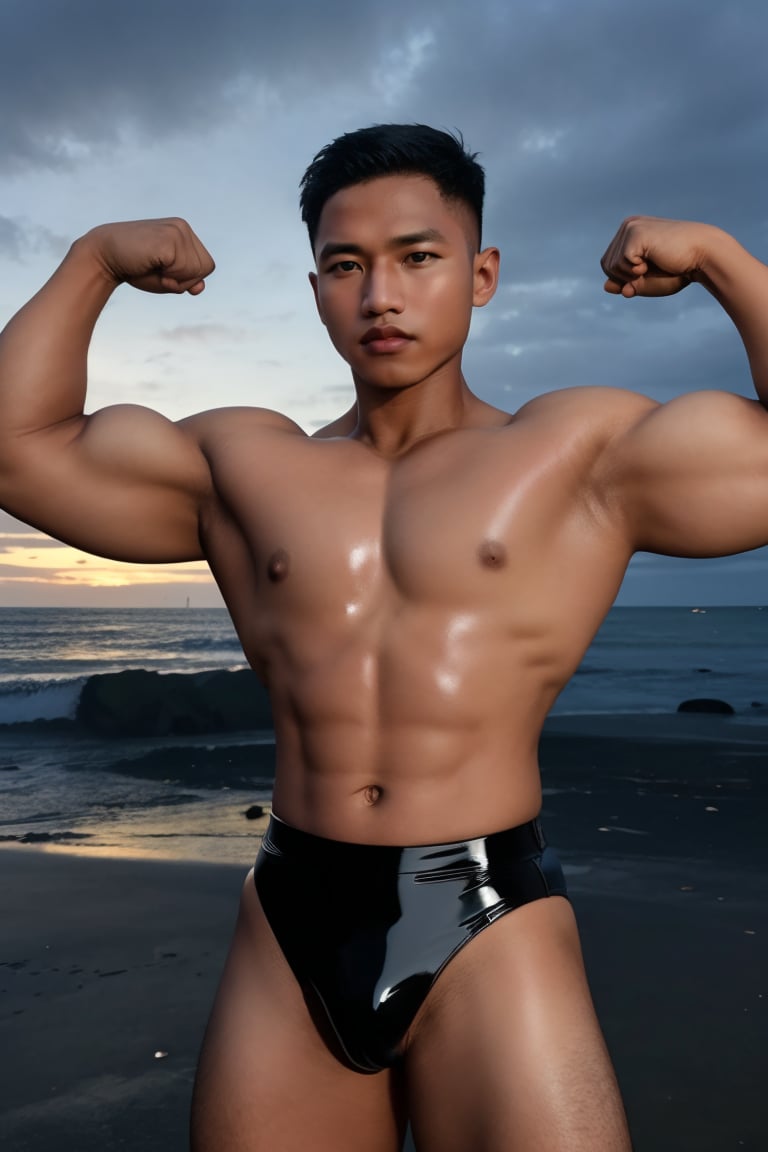 photo of a dark  Navy  model man, medium full shot, (flexing biceps curls), (latex tight :1.2)  night at the beach ... dramatic lighting,buakaw banchamek,syahnk,Male focus,HANDSOME MAN,MACHO MAN,jaeggernawt,handsome men,Muscle