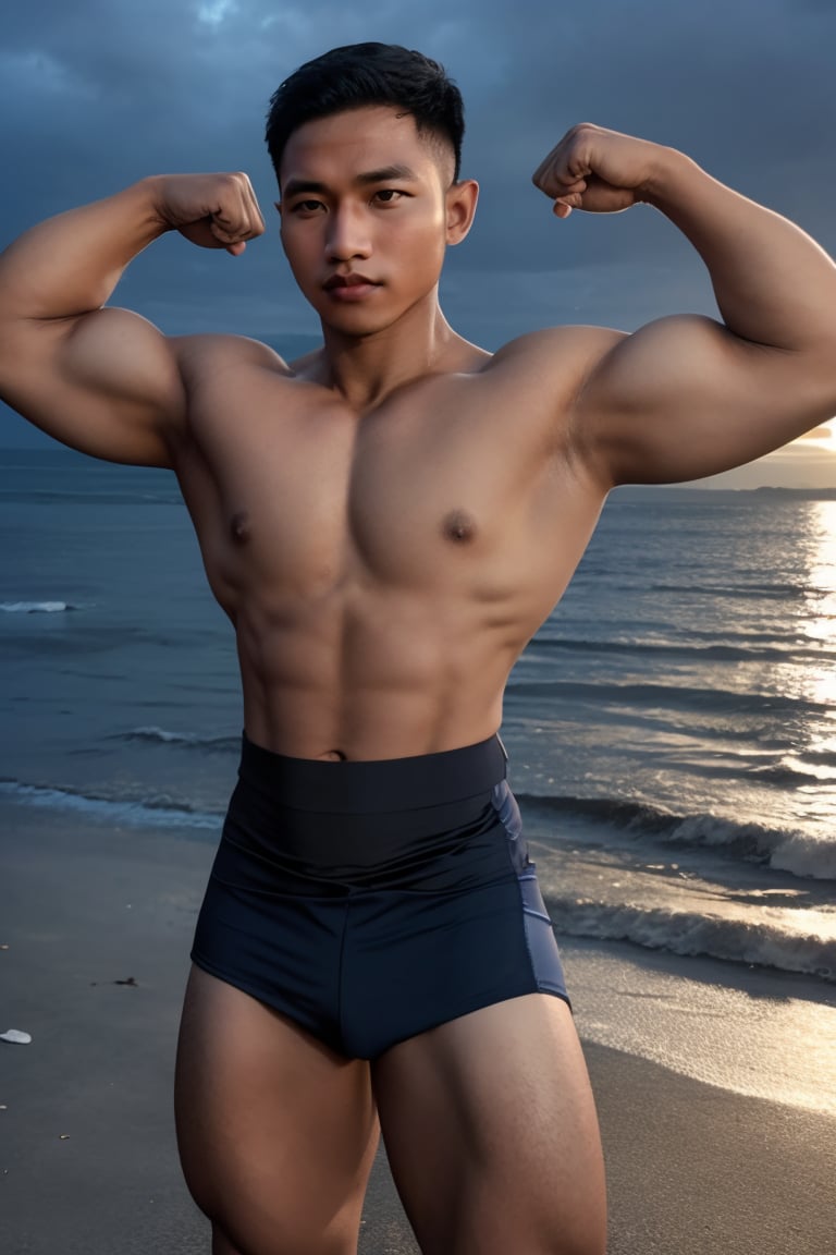 photo of a dark  Navy  model man, medium full shot, (flexing biceps curls), (Spandex tight :1.2)  night at the beach ... dramatic lighting,buakaw banchamek,syahnk,Male focus,HANDSOME MAN,MACHO MAN,jaeggernawt,handsome men,Muscle