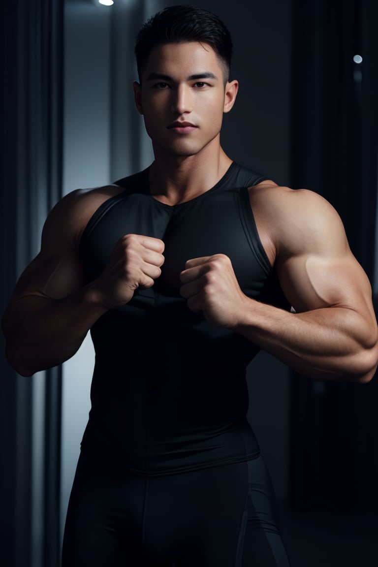 photo of a dark  Navy  model man, medium full shot, (flexing biceps curls), (Spandex tight :1.2)  night at the gym ... dramatic lighting,buakaw banchamek,syahnk,Male focus,HANDSOME MAN,MACHO MAN,jaeggernawt,handsome men,Muscle