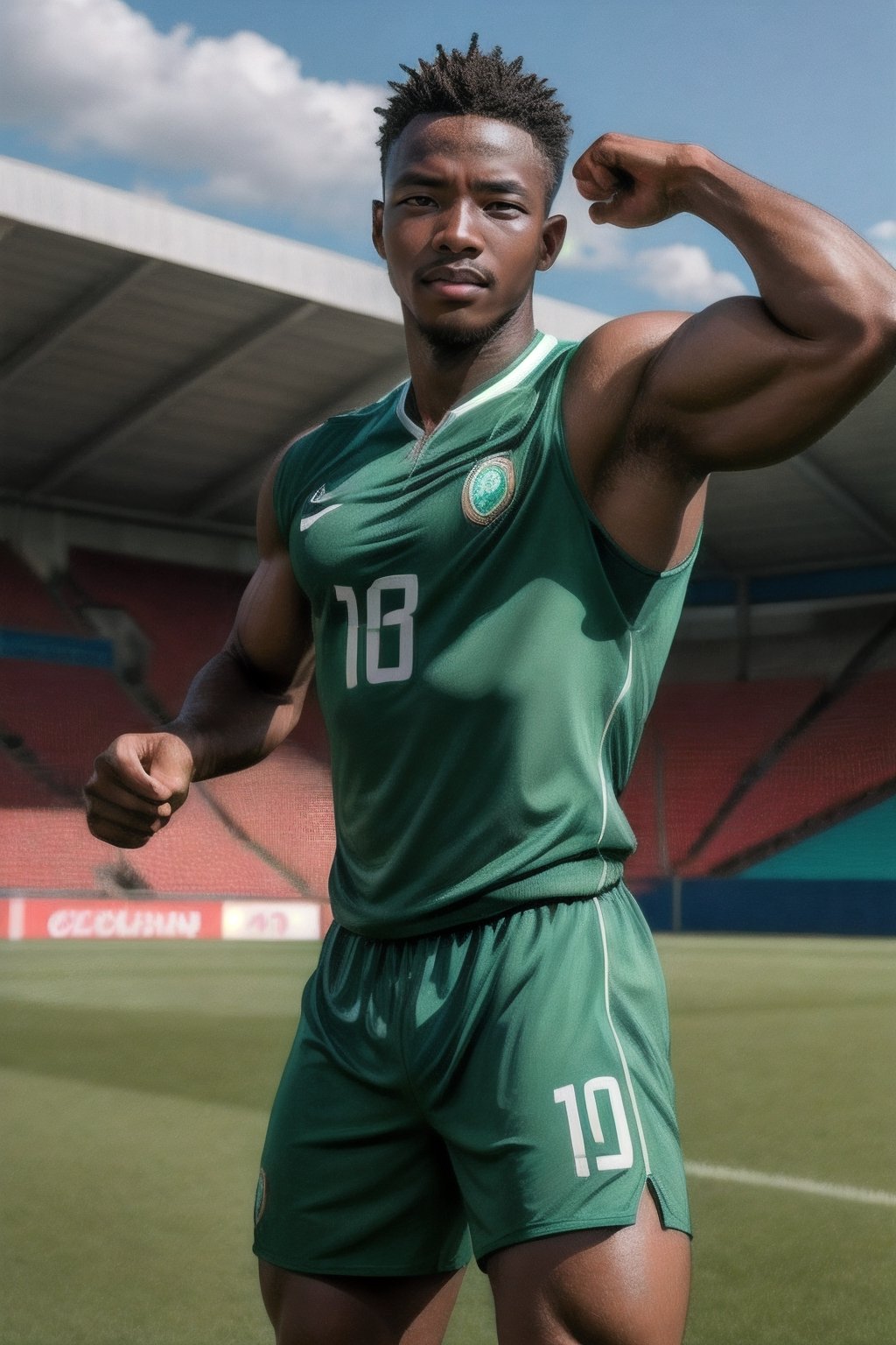 African male,masterpiece, best quality, highres, realistic, handsome, photogenic, masculine, (big muscles), syahnk as ((dark tanned)) athletic  with huge pectorals, he wearing (tight Nigeria jersey) flexing in the middle of soccer field stadium, with his dumb face ,,HDR, octane, 8k, subsurface scattering,dinamic light,sunkissess,high detailed skin,high detailed face, Epic,