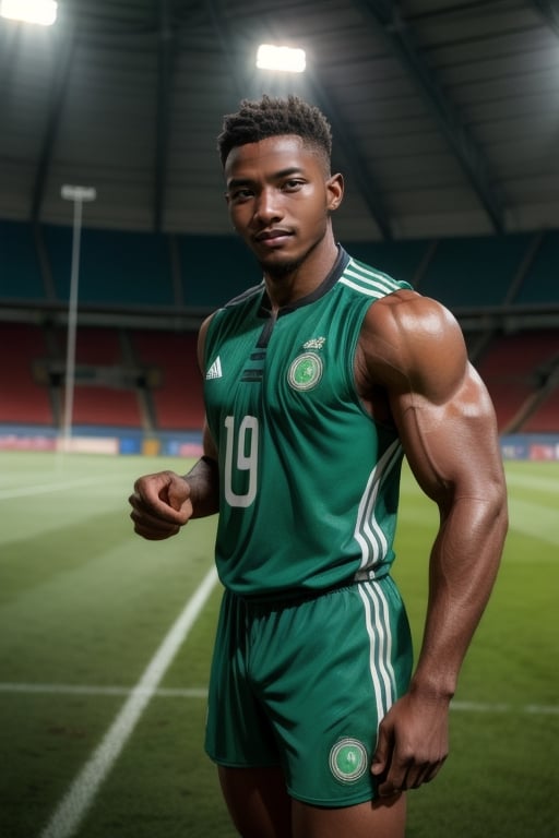 African male,masterpiece, best quality, highres, realistic, handsome, photogenic, masculine, (big muscles), syahnk as ((dark tanned)) athletic  with huge pectorals, he wearing (tight Nigeria jersey) flexing in the middle of soccer field stadium, with his dumb face ,,HDR, octane, 8k, subsurface scattering,dinamic light,sunkissess,high detailed skin,high detailed face, Epic,