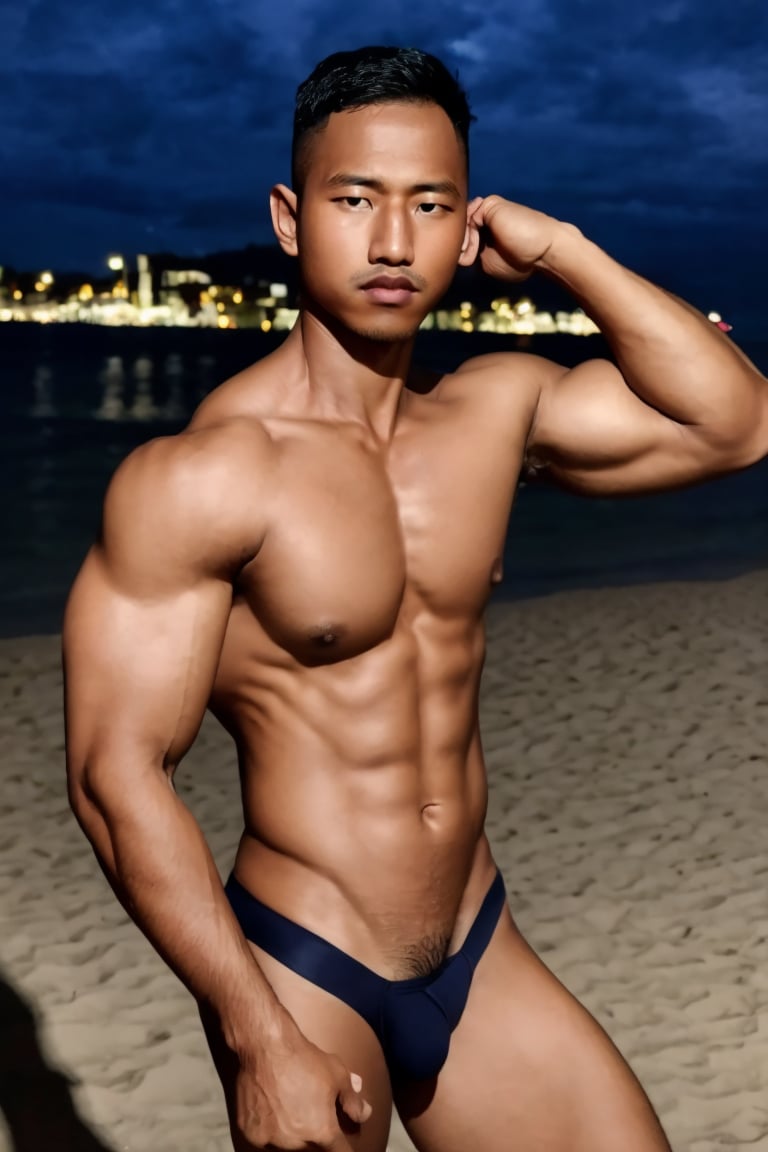 photo of a dark  Navy  model man, medium full shot, (flexing biceps curls), (g-string:1.2)  night at the beach ... dramatic lighting,syahnk,Male focus,HANDSOME MAN,MACHO MAN,jaeggernawt,handsome men