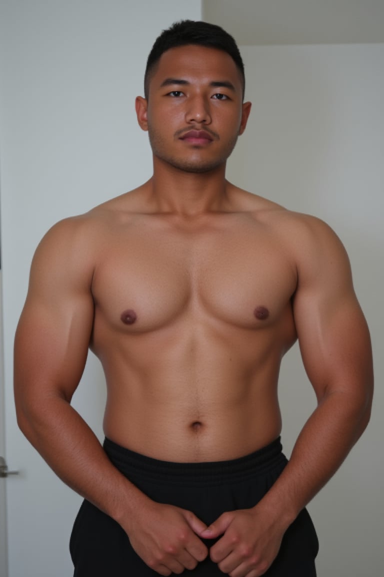 , A masterpiece portrait photograph of a  syahnk as a  Brazilian (bodybuilder man, masculine, 1960s style photo, tanned, ((bodybuilding type body)) he has gigantic muscle , flex chest at photography studio , facing camera