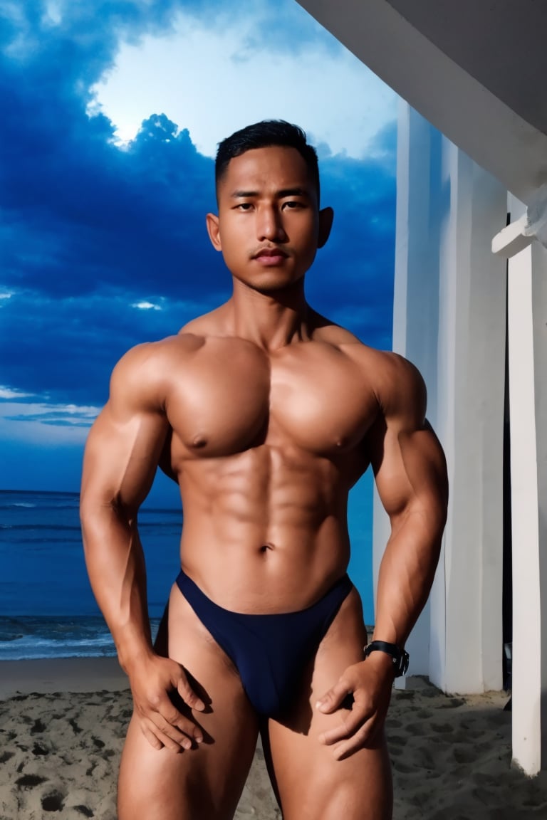 photo of a dark  Navy  model man, medium full shot, (flexing biceps curls), (g-string:1.2)  night at the beach ... dramatic lighting,syahnk,Male focus,HANDSOME MAN,MACHO MAN,jaeggernawt,handsome men