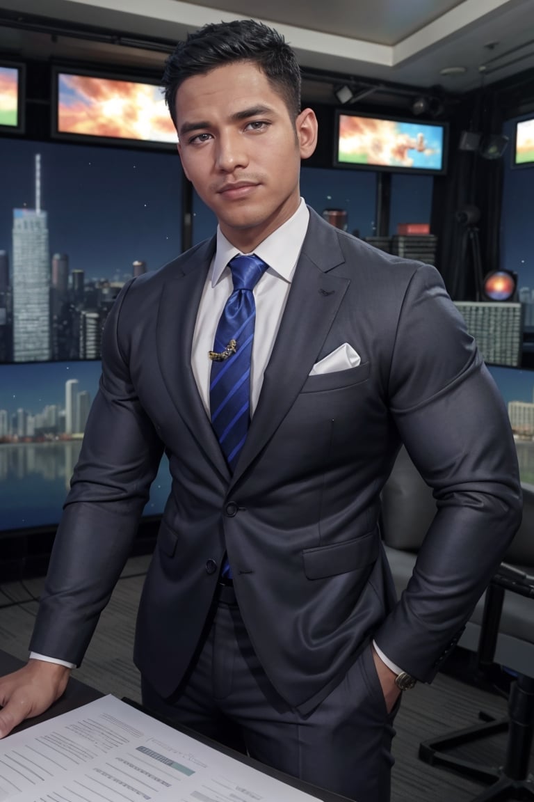  Formal male news anchors, weatherman, news broadcast, large muscle, multiple men, tv studio, detailed faces,Davids,Miles_morales ,syahnk