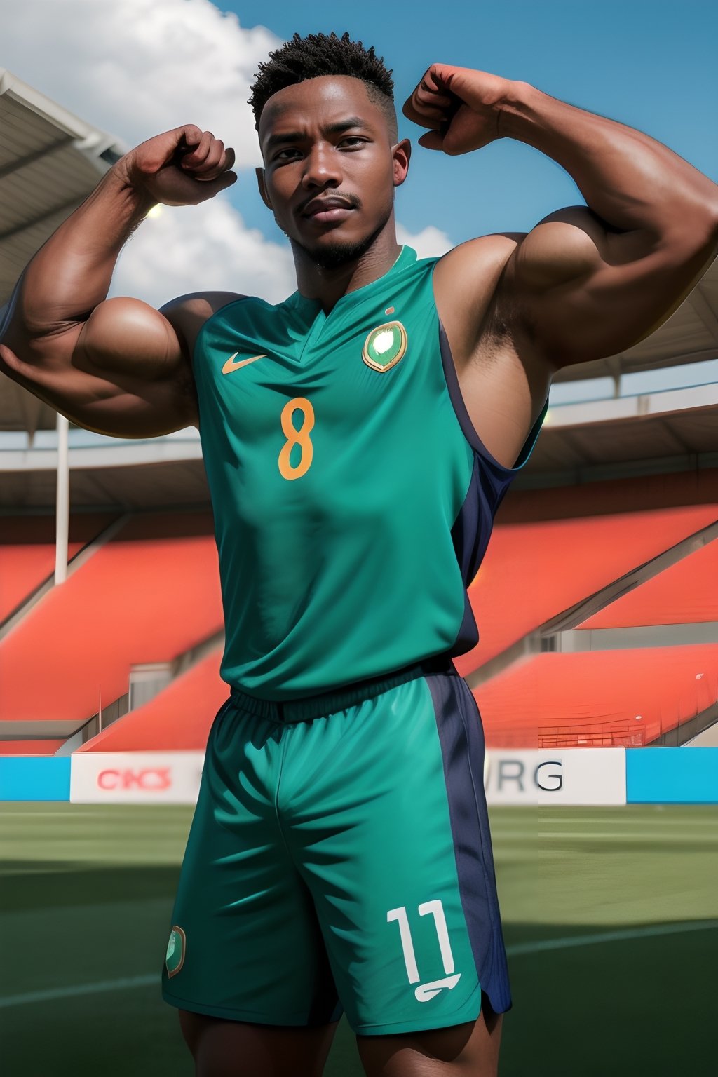 African male,masterpiece, best quality, highres, realistic, handsome, photogenic, masculine, (big muscles), syahnk as ((dark tanned)) athletic  with huge pectorals, he wearing (tight Nigeria jersey) flexing in the middle of soccer field stadium, with his dumb face ,,HDR, octane, 8k, subsurface scattering,dinamic light,sunkissess,high detailed skin,high detailed face, Epic,