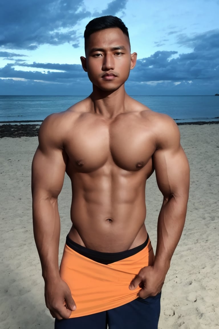 photo of a dark  Navy  model man, medium full shot, (flexing biceps curls), (brief:1.2)  night at the beach ... dramatic lighting,syahnk,Male focus,HANDSOME MAN,MACHO MAN,jaeggernawt,handsome men