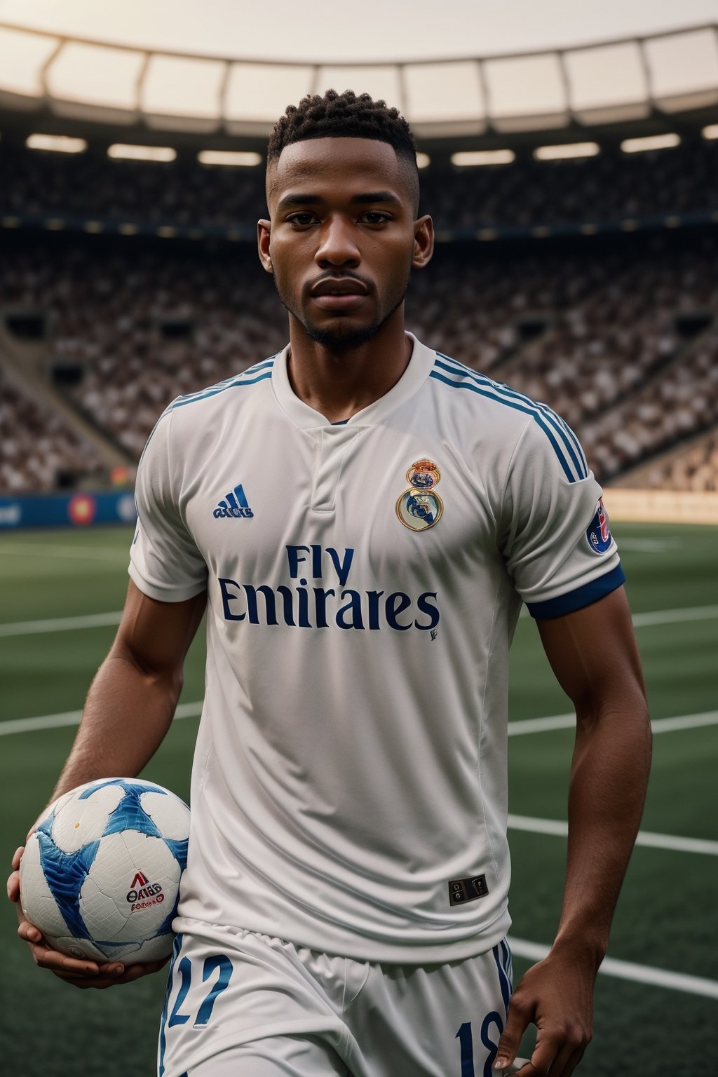 picture of Vinícius Júnior ,syahnk as Real Madrid player, 1man,masterpiece,hold ball at the stadiums,  muscular,(portraits pixar style) (masterpiece: 1.2) (bokeh) (best quality) (detailed skin) (detailed texture) (8k) (claymation) (cinematic lighting) (sharp focus)