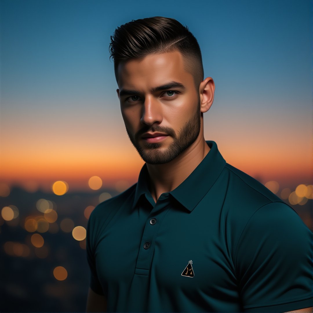 Syahnk stands confidently in front of a cityscape at dusk, the night sky ablaze with twinkling lights. A sleek, undercut hairstyle and facial hair accentuate his chiseled features, while piercing green eyes seem to sparkle in the soft, evening glow. He wears a crisp polo shirt, his muscular physique evident beneath the fabric. The background, blurred into a beautiful bokeh, provides a stunning contrast to Syahnk's sharp, high-definition features. A UHD masterpiece, this photograph exudes perfection, with a matte finish that adds depth and dimensionality.