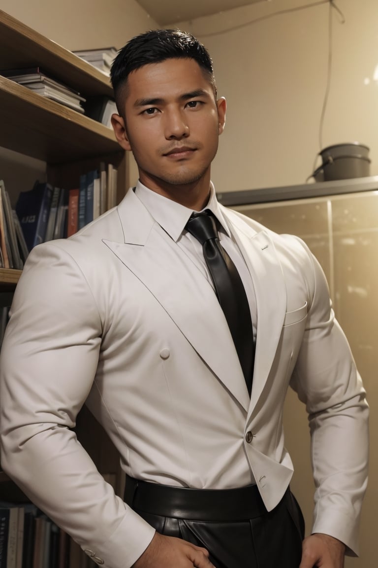 (((1man))),serious face of syahnk,1 handsome uncle,Short hair,With a short beard,shredded lean figure,large pecs,holding pecs,Enchanted smile,mature,in a basement,Crew cut,( In tight black leather suit), White tie,full body, 36 years old male,[plump],nijimale,photorealistic