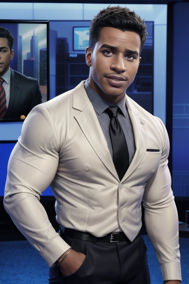  Formal male news anchors, weatherman, news broadcast, large muscle, multiple men, tv studio, detailed faces,Davids,Miles_morales 