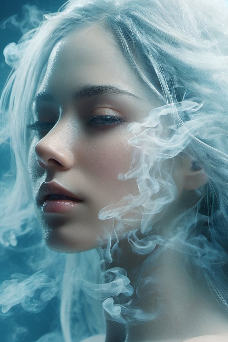 ice, smoke effect,1girl,
Close-up of face, 20 years old, long hair, flowing hair, straight hair, looking into the distance, 45-degree angle profile,The upper body is naked,The mouth is closed,
(A female creature with a transparent liquid body),
The hair is 90% transparent and the whole body is 90% transparent.,ice and water