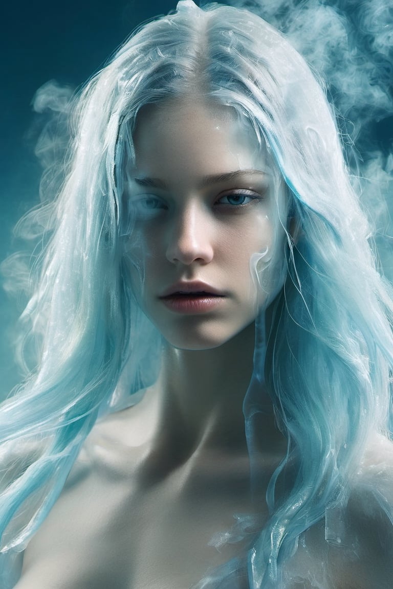 ice, smoke effect,1girl,
Close-up of face, 20 years old, long hair, flowing hair, straight hair, looking into the distance, 45-degree angle profile,The upper body is naked,The mouth is closed,
(A female creature with a transparent liquid body),
The hair is 90% transparent and the whole body is 90% transparent.