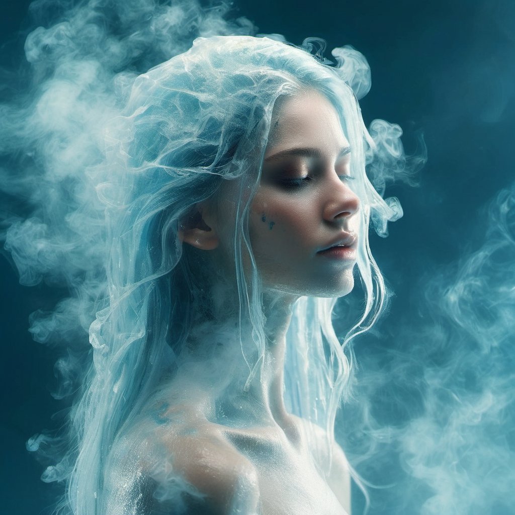 ice, smoke effect,1girl,
Close-up of face, 20 years old, long hair, flowing hair, straight hair, looking into the distance, 45-degree angle profile,The upper body is naked,The mouth is closed,
(A female creature with a transparent liquid body),
The hair is 90% transparent and the whole body is 90% transparent.