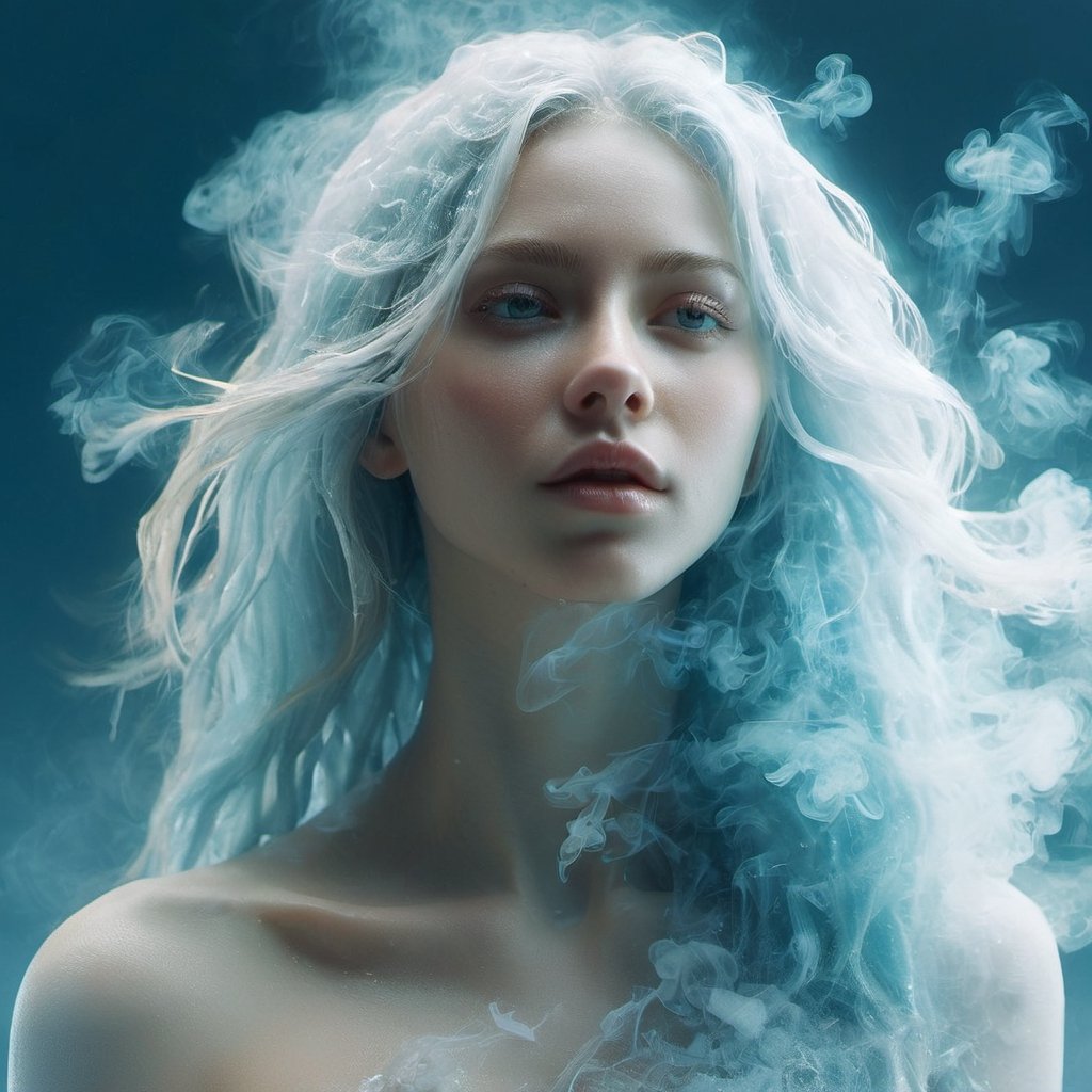 ice, smoke effect,1girl,
Close-up of face, 20 years old, long hair, flowing hair, straight hair, looking into the distance, 45-degree angle profile,The upper body is naked,The mouth is closed,
(A female creature with a transparent liquid body),
The hair is 90% transparent and the whole body is 90% transparent.,ice and water