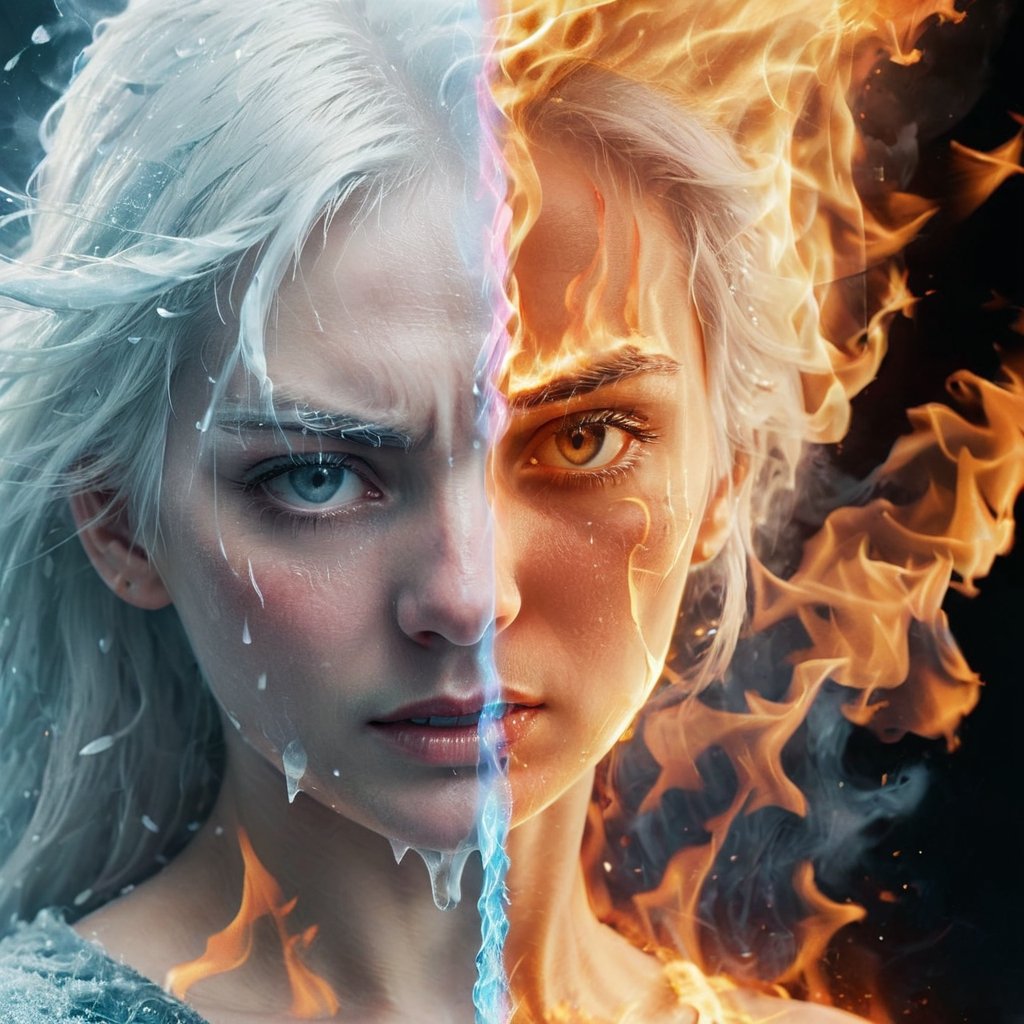Split image of a Women, 
left half is burning with raging fire and the right half is Frozen, 
The left half of the face is extremely angry, and the right half of the face is crying and shedding tears.
white hair,
seamless face, 

more detail XL, 
fire element, 

ice, fire, b3rli, ,composed of fire elements