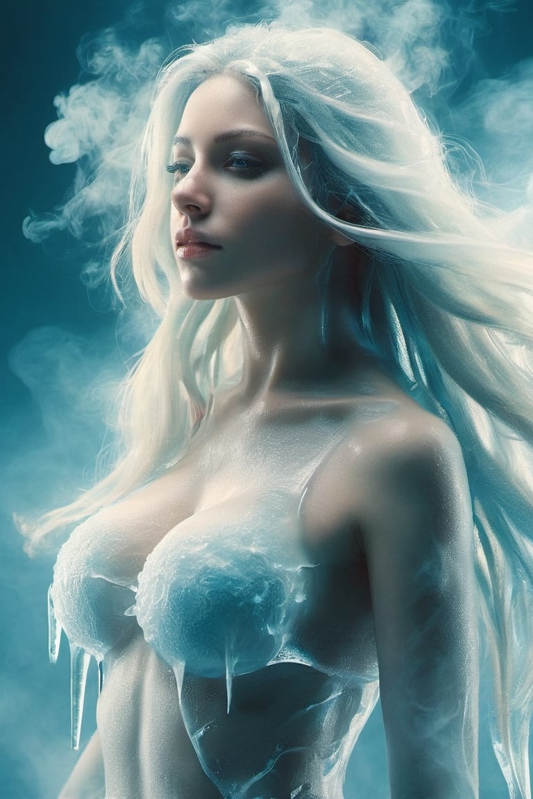 ice, smoke effect,1girl,
Close-up of face, 20 years old, long hair, flowing hair, straight hair, looking into the distance, 45-degree angle profile,The upper body is naked,The mouth is closed,
(A female creature with a transparent liquid body),
The hair is 90% transparent and the whole body is 90% transparent.,ice and water,futa,((big breasts)),