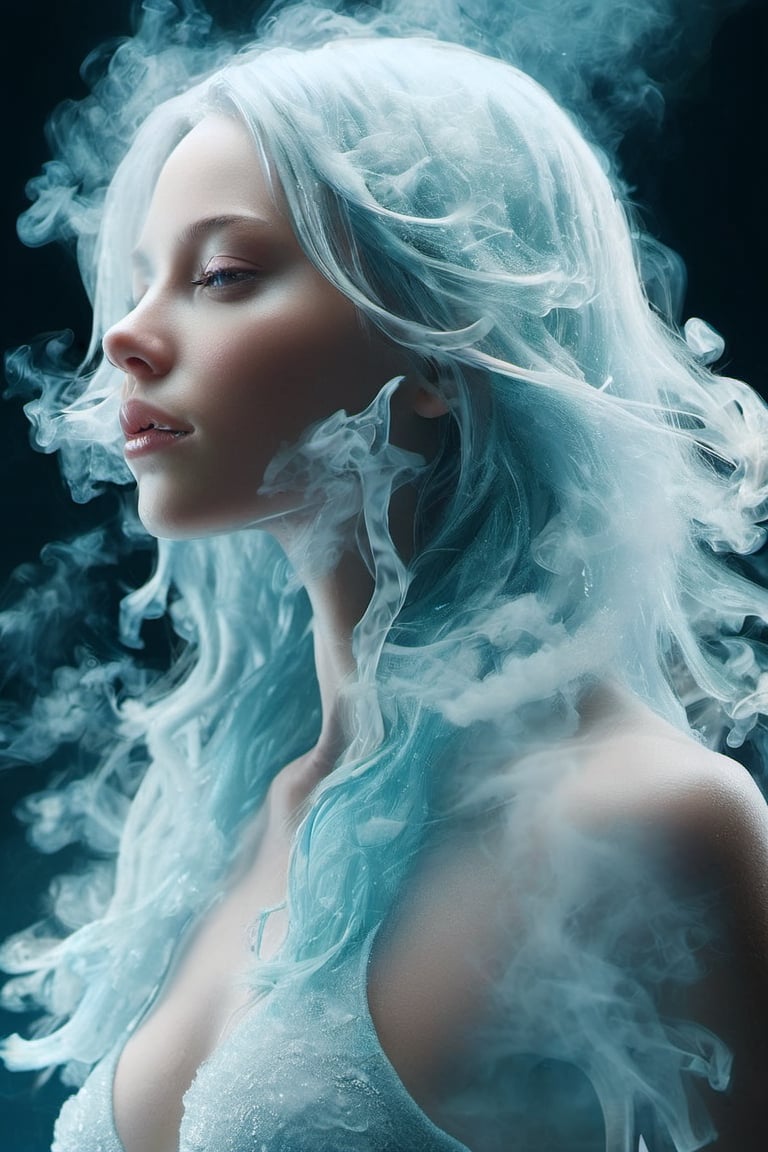 ice, smoke effect,1girl,
Close-up of face, 20 years old, long hair, flowing hair, straight hair, looking into the distance, 45-degree angle profile,The upper body is naked,The mouth is closed,
(A female creature with a transparent liquid body),
The hair is 90% transparent and the whole body is 90% transparent.,ice and water