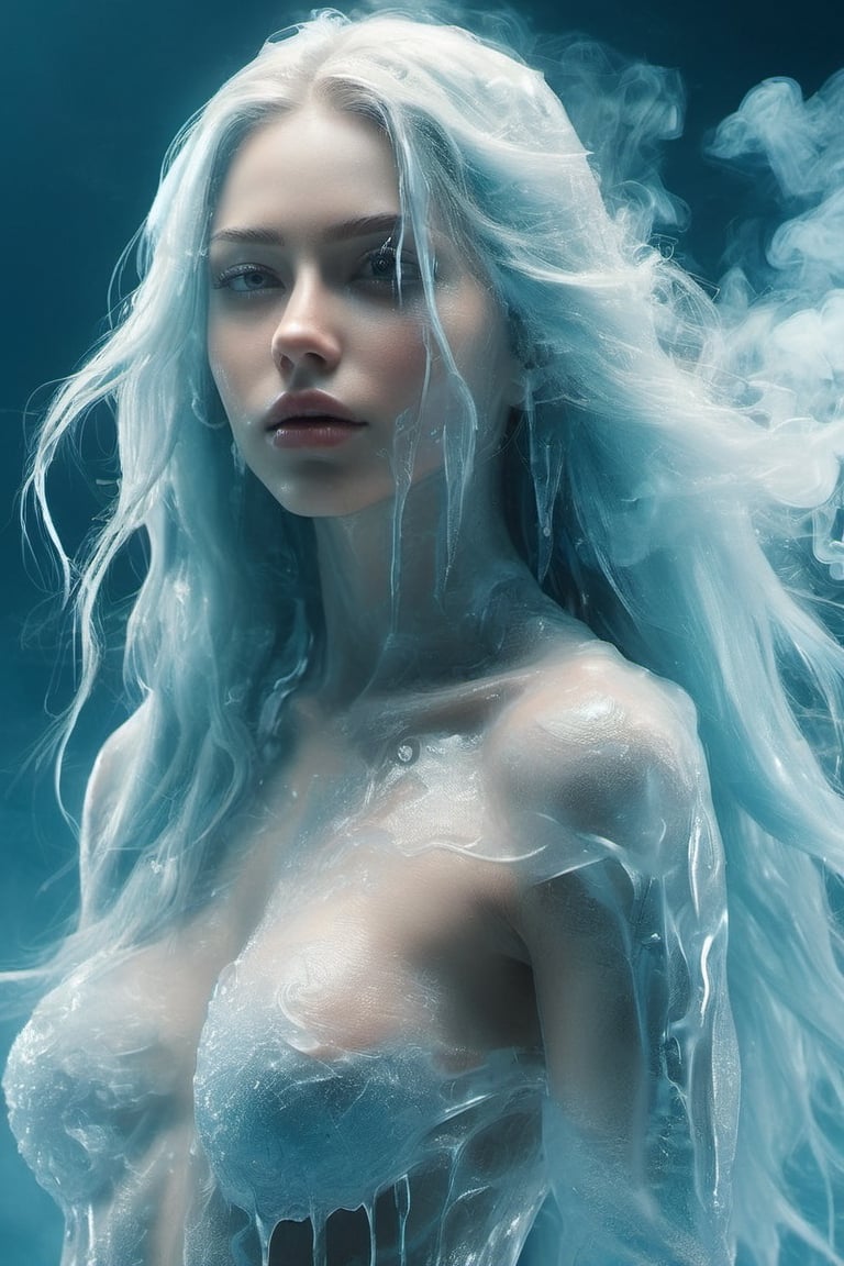 ice, smoke effect,1girl,
Close-up of face, 20 years old, long hair, flowing hair, straight hair, looking into the distance, 45-degree angle profile,The upper body is naked,The mouth is closed,
(A female creature with a transparent liquid body),
The hair is 90% transparent and the whole body is 90% transparent.,ice and water,futa