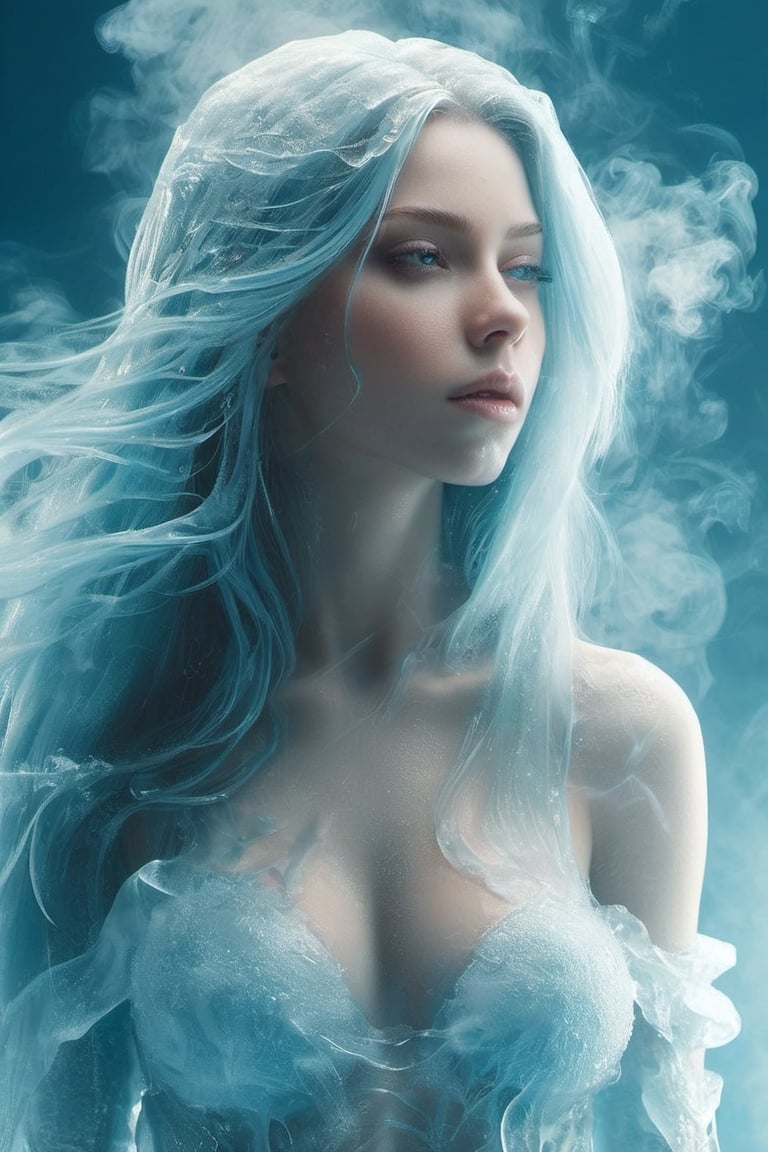 ice, smoke effect,1girl,
Close-up of face, 20 years old, long hair, flowing hair, straight hair, looking into the distance, 45-degree angle profile,The upper body is naked,The mouth is closed,
(A female creature with a transparent liquid body),
The hair is 90% transparent and the whole body is 90% transparent.,ice and water,futa,big breasts,