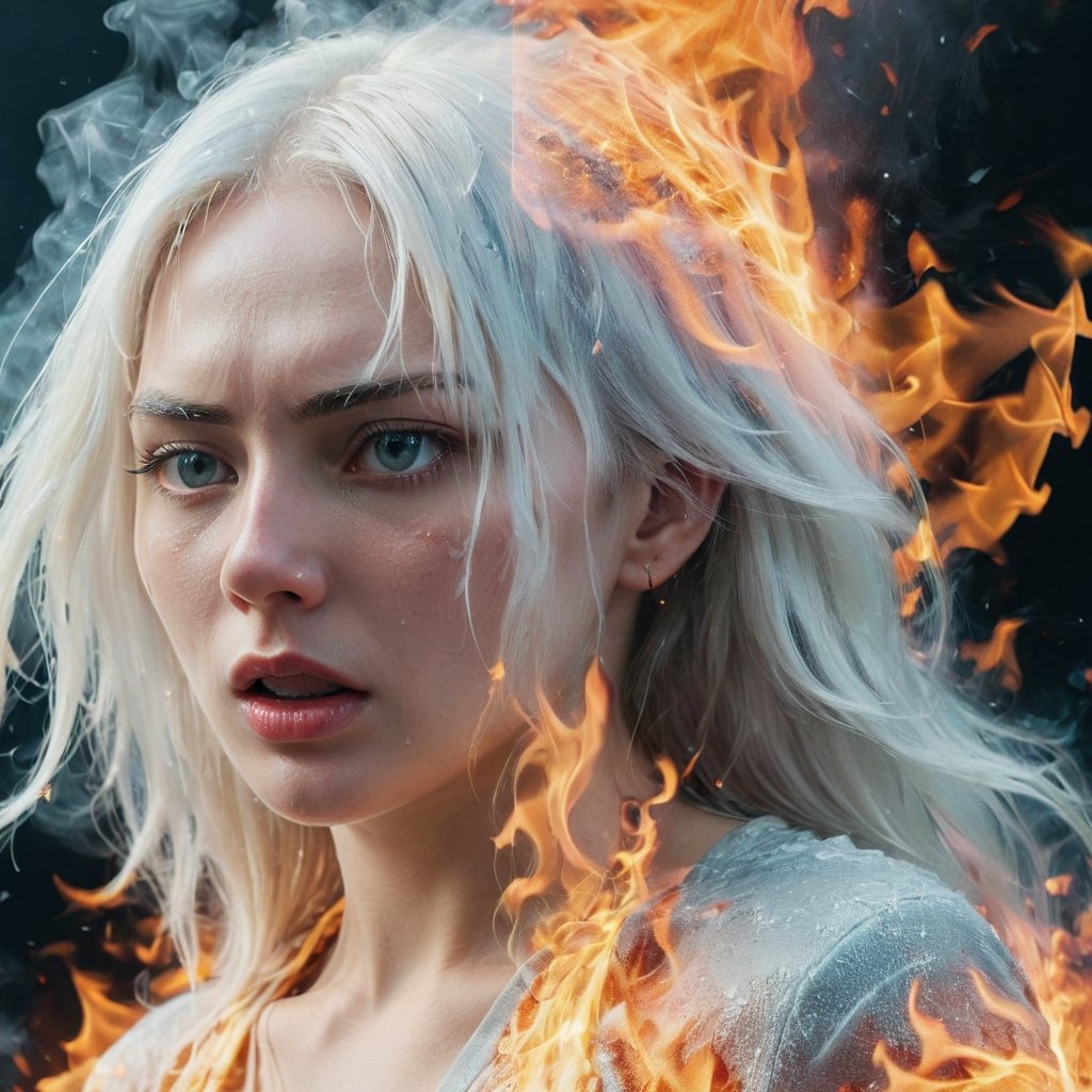 Split image of a Women, 
left half is burning with fire and the right half is ice, 
The left half of the face is extremely angry, and the right half of the face is crying and shedding tears.
Half blonde hair, half white hair,

more detail XL, 
fire element, 

ice, b3rli, ,composed of fire elements