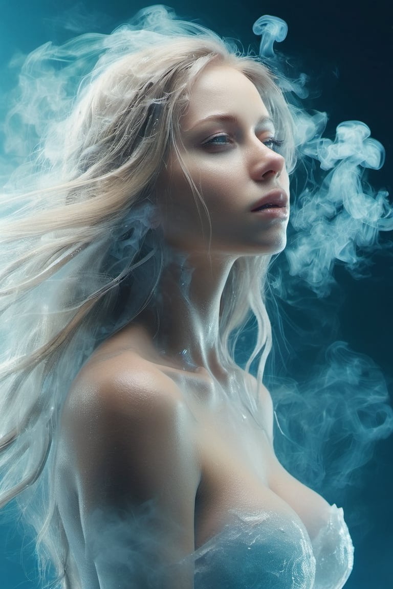 ice, smoke effect,1girl,
Close-up of face, 20 years old, long hair, flowing hair, straight hair, looking into the distance, 45-degree angle profile,The upper body is naked,The mouth is closed,
(A female creature with a transparent liquid body),
The hair is 90% transparent and the whole body is 90% transparent.,ice and water,futa,big breasts,