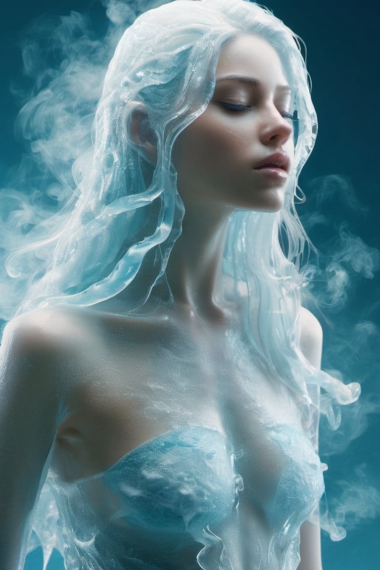 ice, smoke effect,1girl,
Close-up of face, 20 years old, long hair, flowing hair, straight hair, looking into the distance, 45-degree angle profile,The upper body is naked,The mouth is closed,
(A female creature with a transparent liquid body),
The hair is 90% transparent and the whole body is 90% transparent.,ice and water,futa