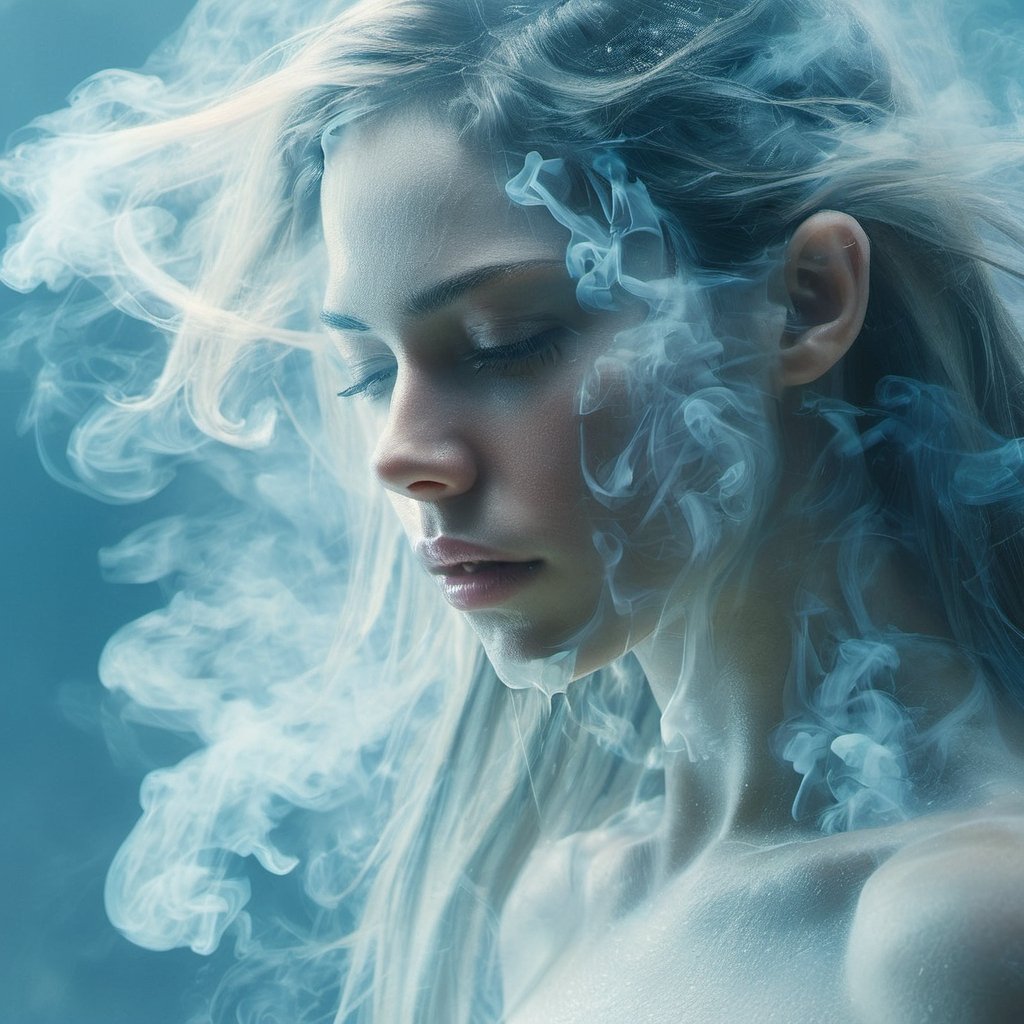 ice, smoke effect,1girl,
Close-up of face, 20 years old, long hair, flowing hair, straight hair, looking into the distance, 45-degree angle profile,The upper body is naked,The mouth is closed,
(A female creature with a transparent liquid body),
The hair is 90% transparent and the whole body is 90% transparent.