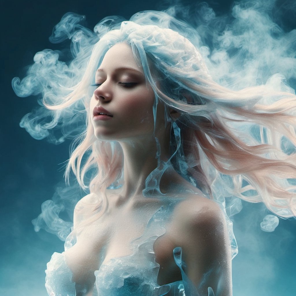 ice, smoke effect,1girl,
Close-up of face, 20 years old, long hair, flowing hair, straight hair, looking into the distance, 45-degree angle profile,The upper body is naked,The mouth is closed,
(A female creature with a transparent liquid body),
The hair is 90% transparent and the whole body is 90% transparent.,ice and water,futa