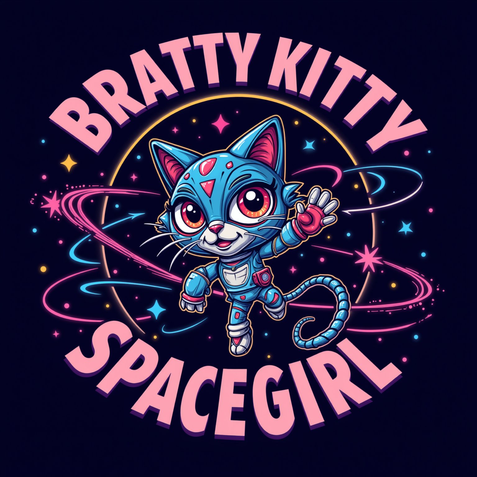 a large scale minimalistic and dynamic logo with the text "Bratty Kitty Spacegirl"