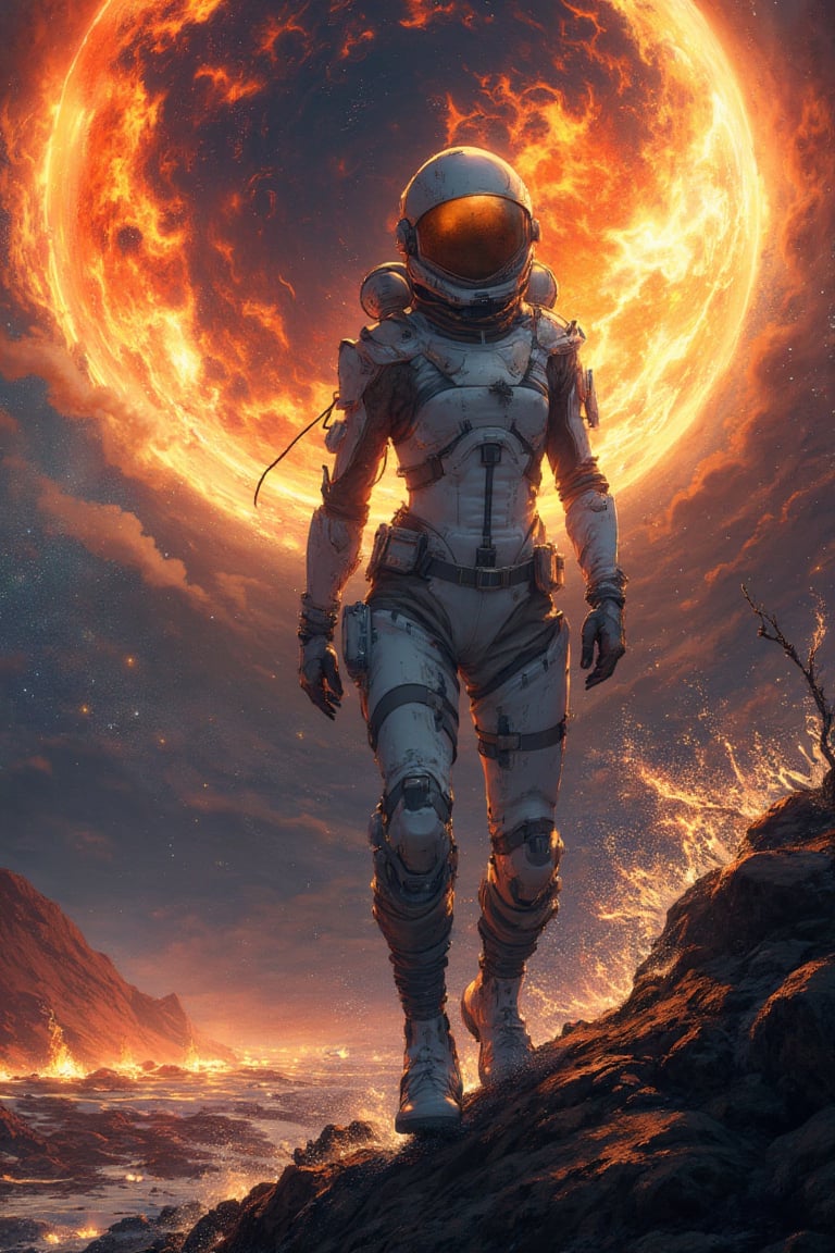 solar wind of change,  woman in scifi tactical space suit near sun