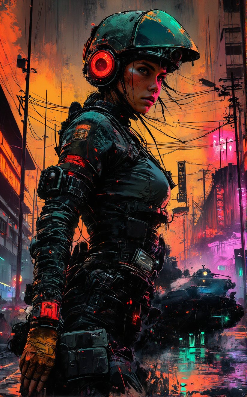 rough Impressionist painting of a futuristic female soldier with Cybernetic enhancements, neonpunk city in the background with futuristic military vehicles, rain, wet asphalt.,RETRO FUTURISTIC,Ink art style