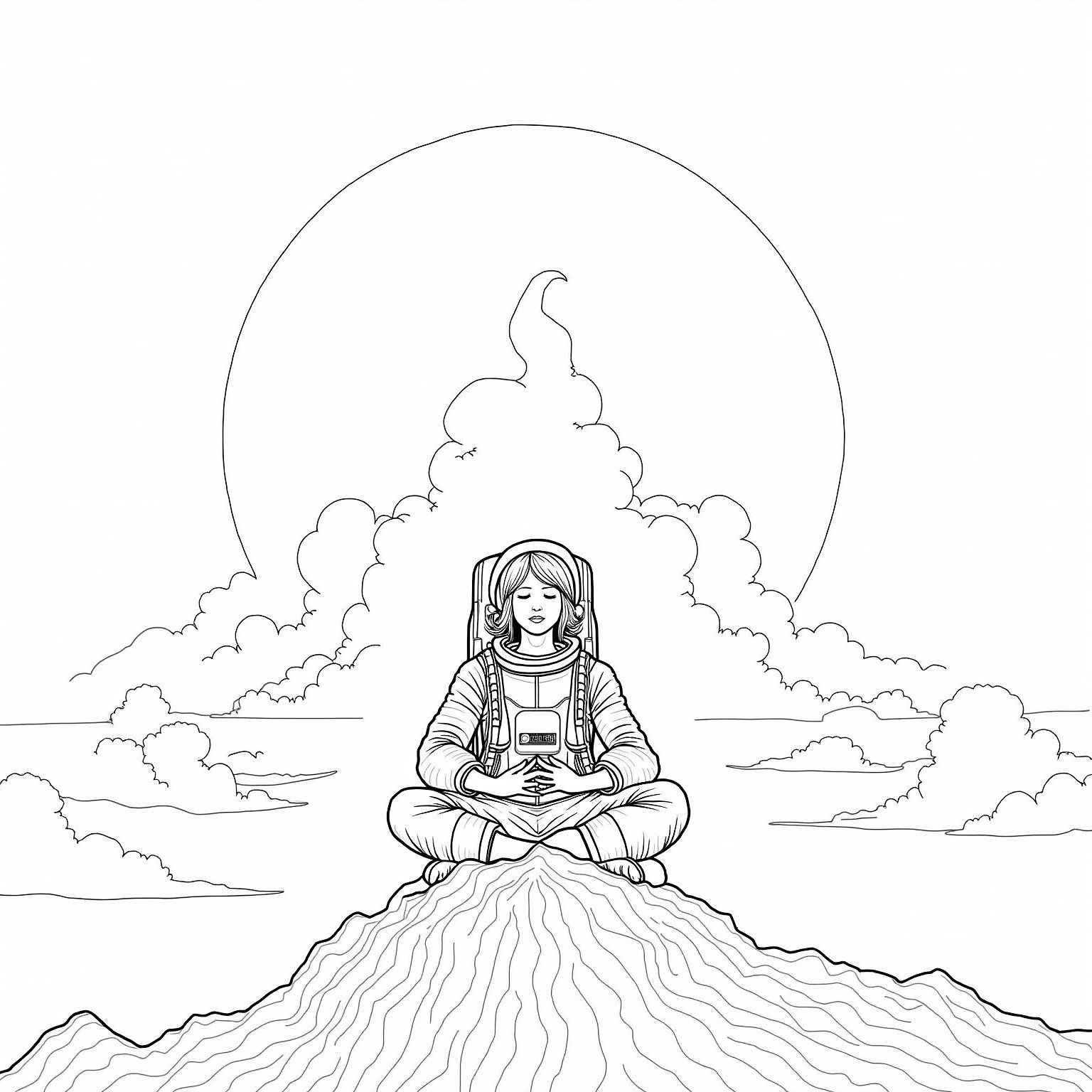 Hyper realistic and detailed dynamic coloring page of a female astronaut meditating on a mountaintop, with clouds swirling around them. By Jim Burns, Greg Beeble, Frank Kelly Freas