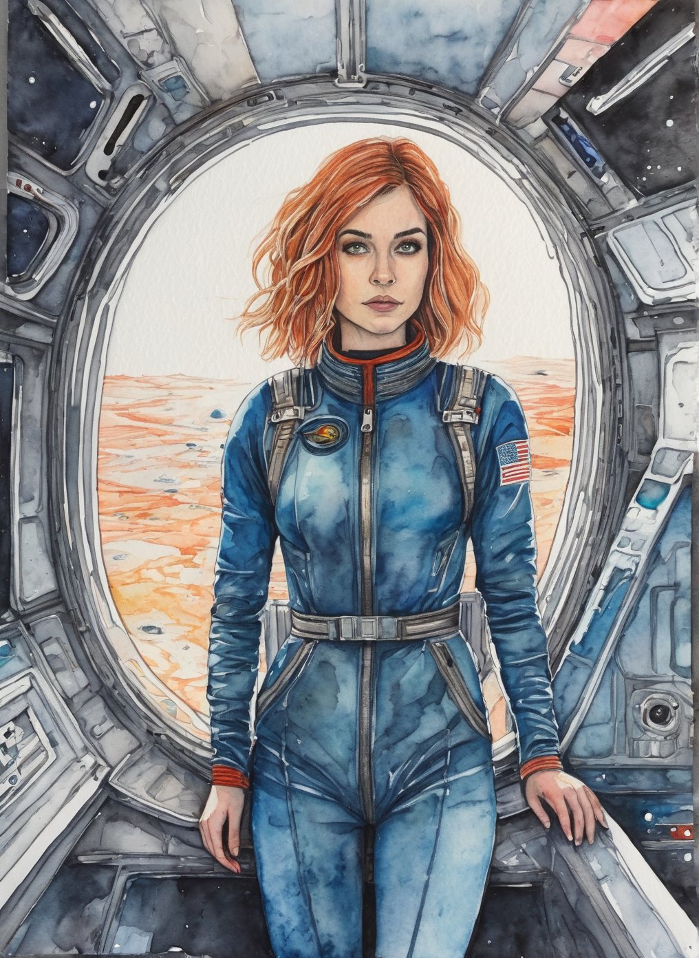 The Girl in the Spaceship Next Door, watercolor, colored pencils, ink (OC)