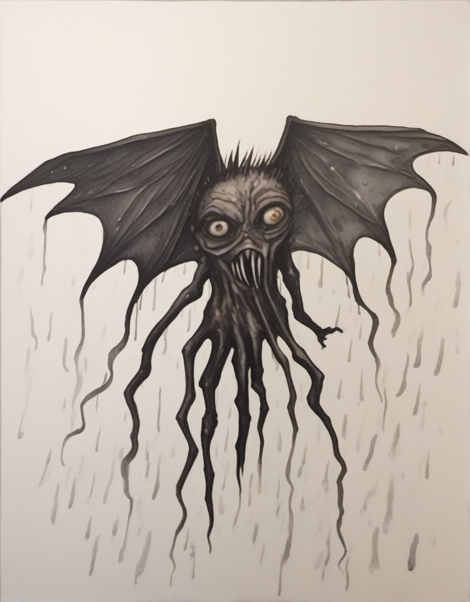 (oily wings:1.4), demon granny, flat chested, nude, (rain and storm:1.4), a dispoportionate creature of both nightmare and wonder, detailed background, intricate detail, watercolor, rainbow