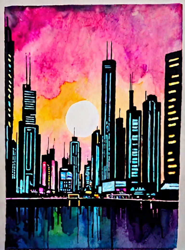 cyberpunk city, neon lights, flat chested, ((ink and watercolors)), minimalistic