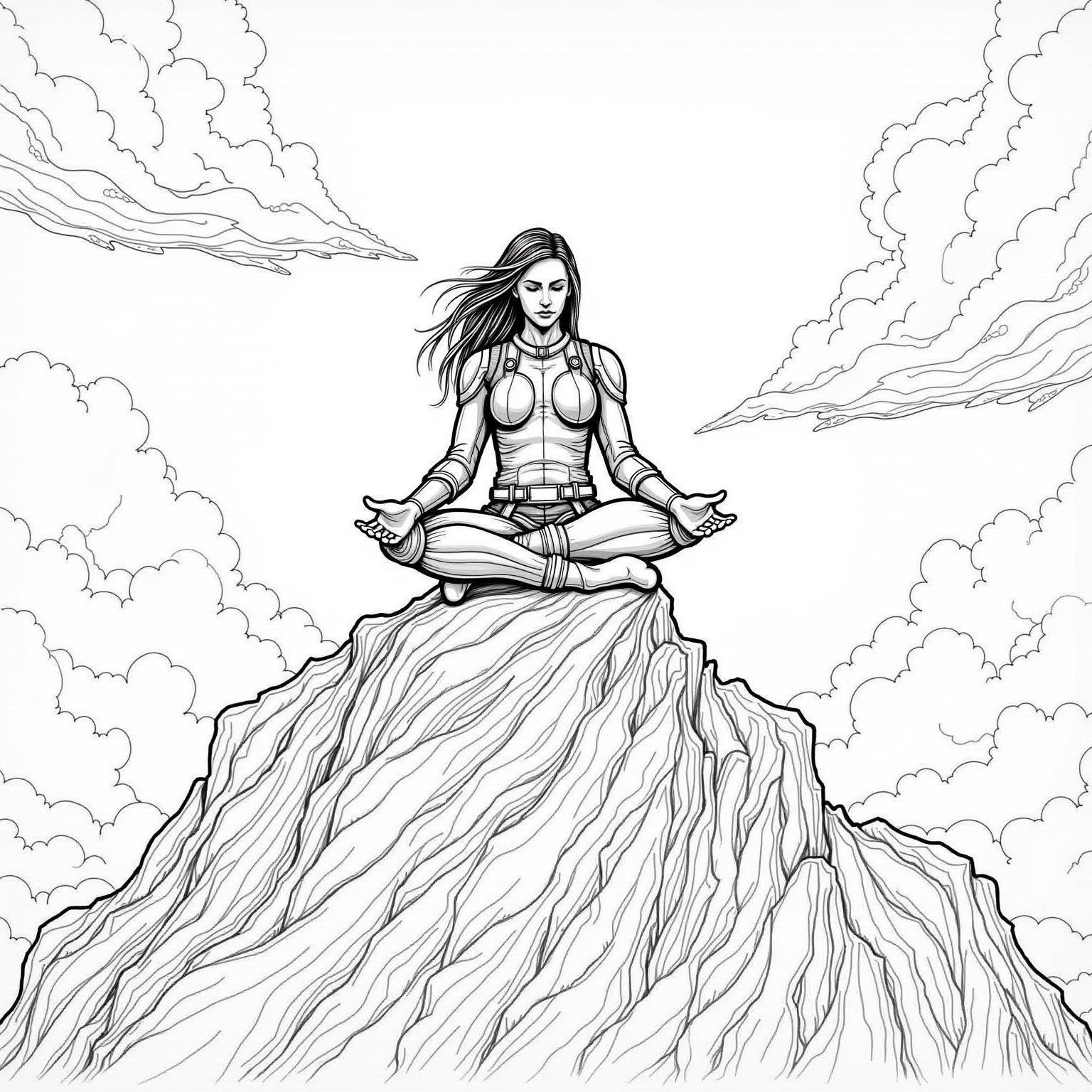 Hyper realistic and detailed dynamic coloring page of a female astronaut meditating on a mountaintop, with clouds swirling around them. By Jim Burns, Greg Beeble, Frank Kelly Freas