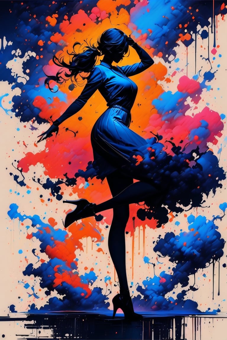 silhouette of a girl, ink brushstrokes in background, looking at viewer, dancing pose, ink rain, stunning image, ink smoke, digital art, professional style, ((masterpiece quality: 1.4)), ink droplets, attractive image.,INK,Ink art, big orange and blue ink swirls