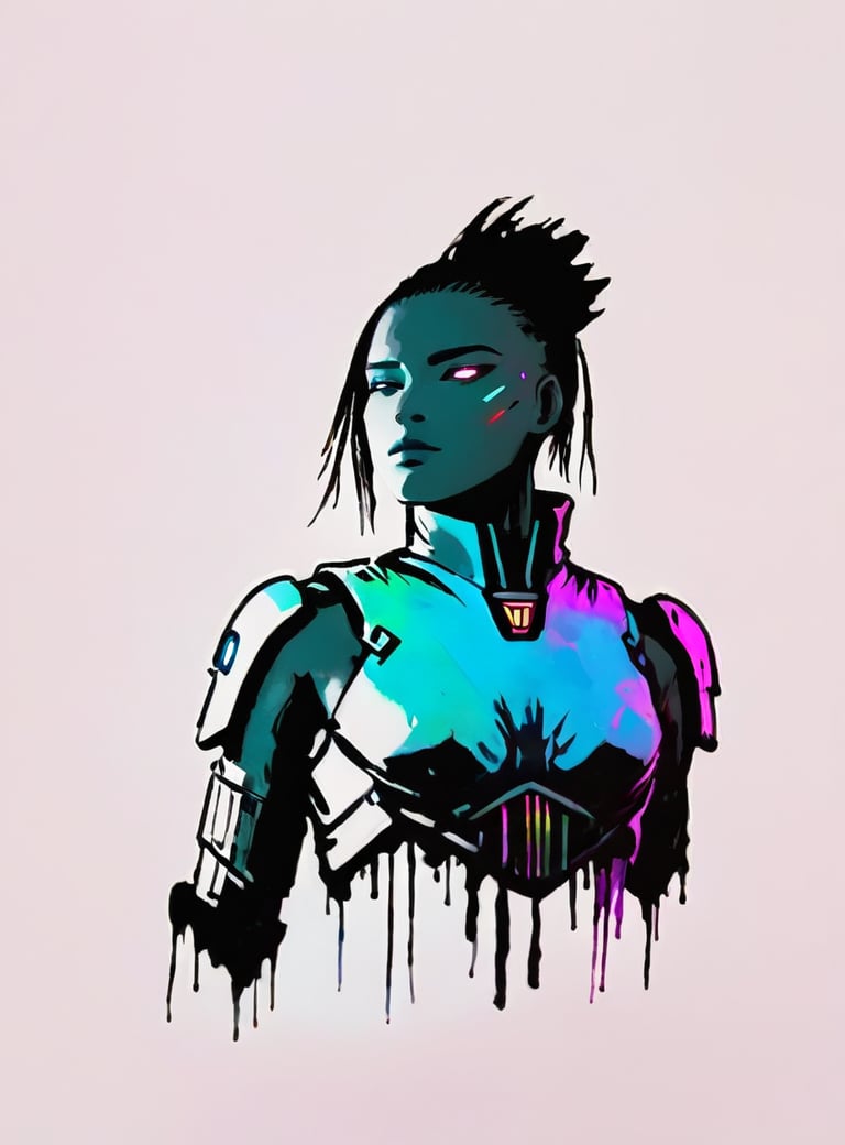 cyberpunk warrior in a city, neon lights, flat chested, ((ink and watercolors)), minimalistic